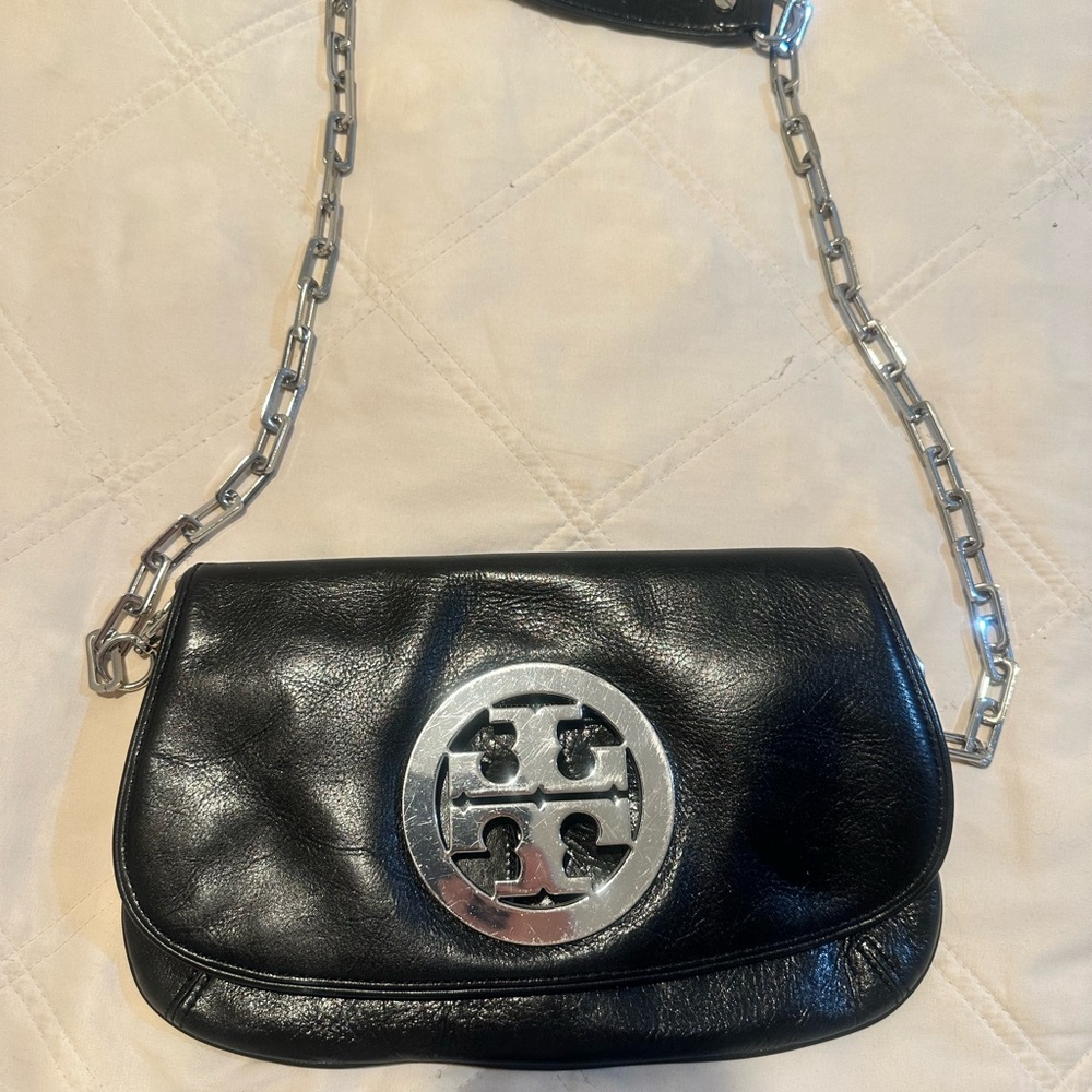 Tory Burch Black and Silver Crossbody Bag with Chain Strap